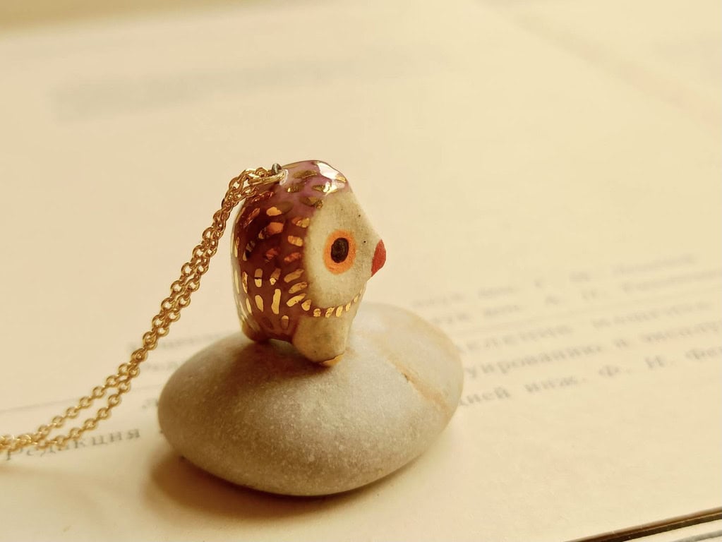 Lilac purple owl ceramic diffuser necklace
