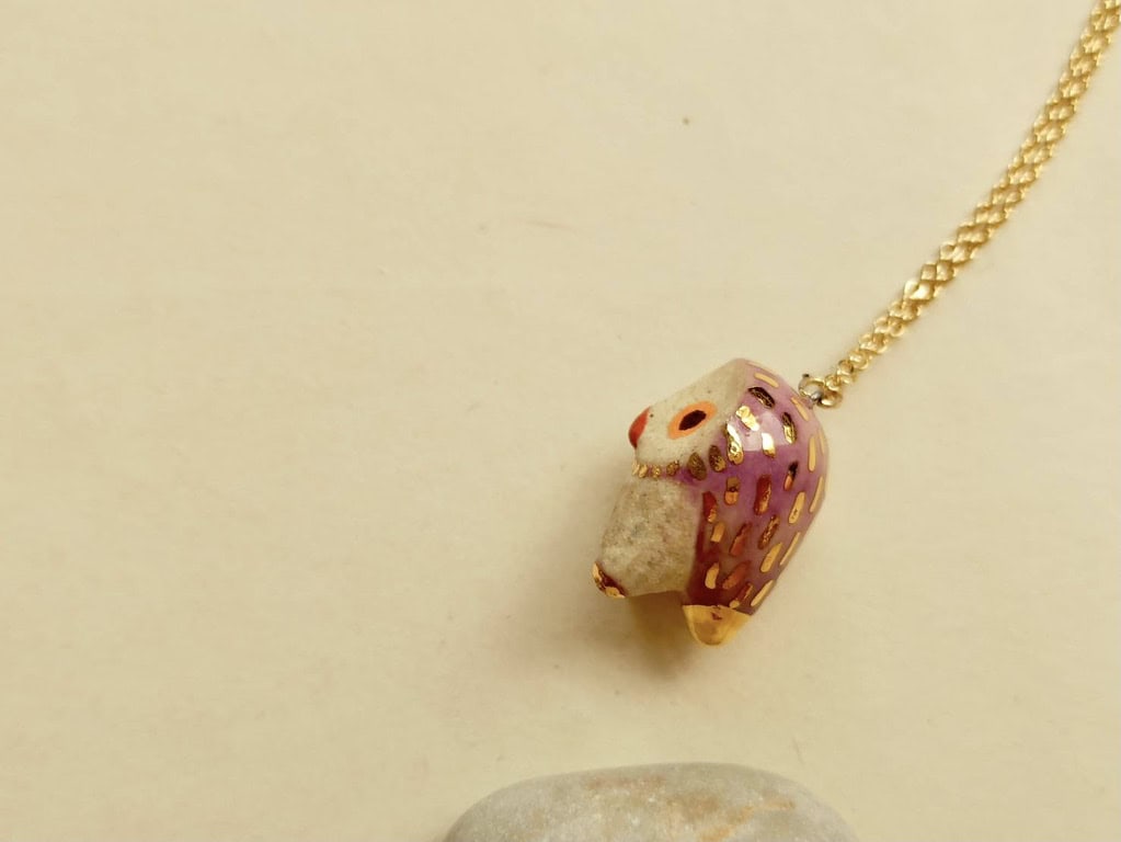 Lilac purple owl ceramic diffuser necklace