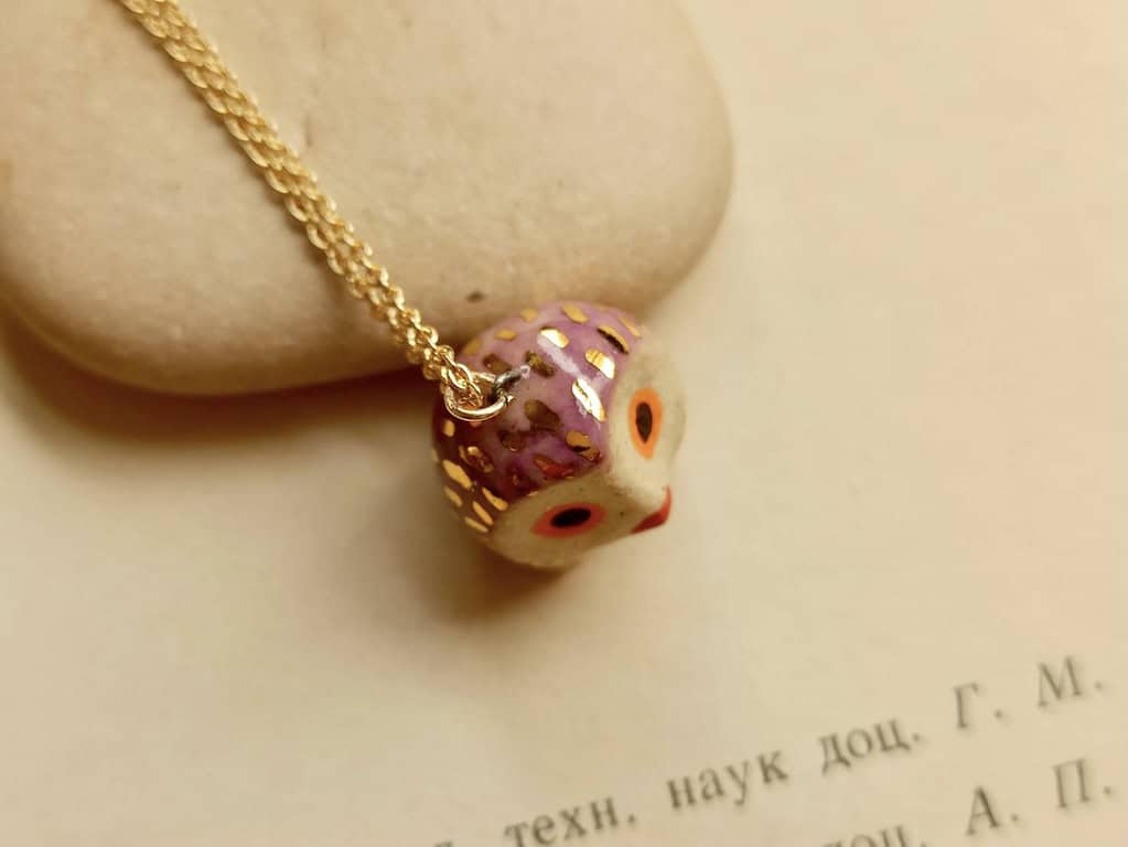 Lilac purple owl ceramic diffuser necklace
