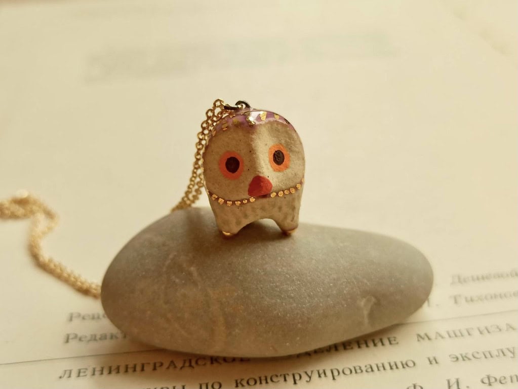 Lilac purple owl ceramic diffuser necklace
