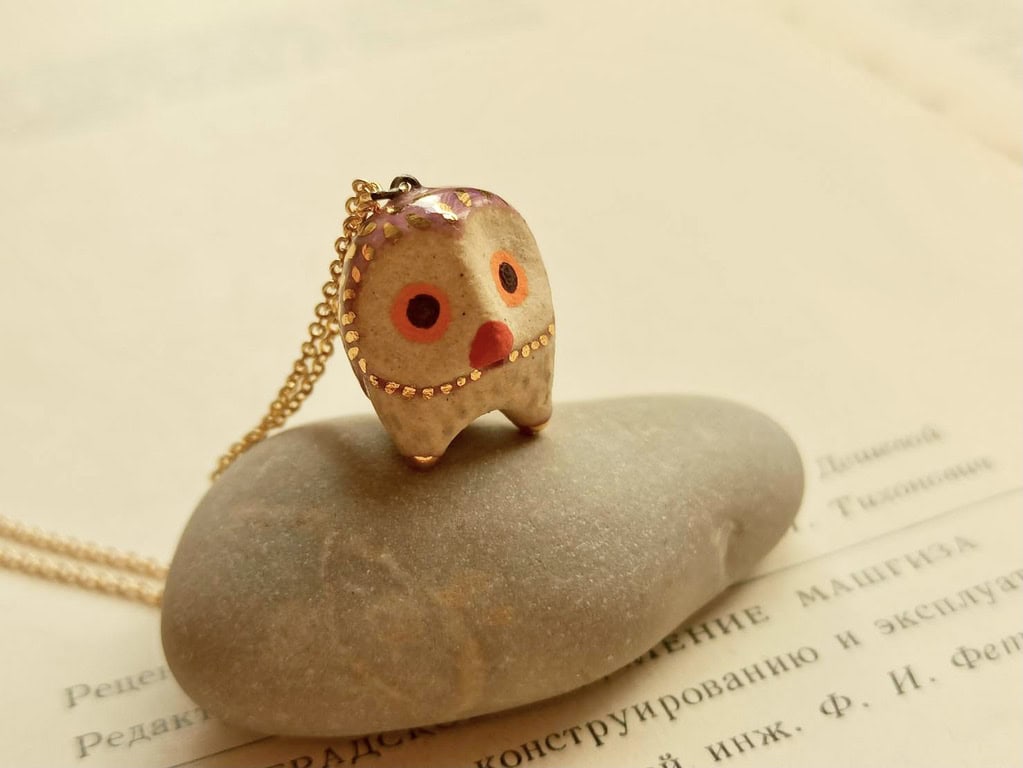 Lilac purple owl ceramic diffuser necklace