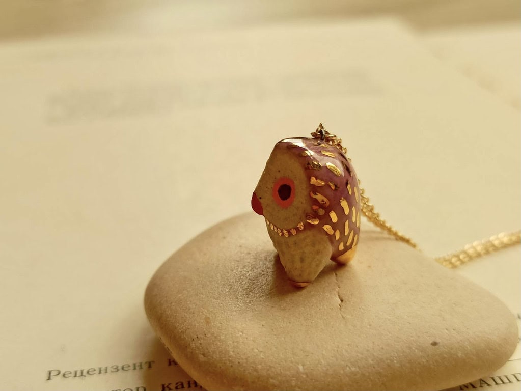 Lilac purple owl ceramic diffuser necklace