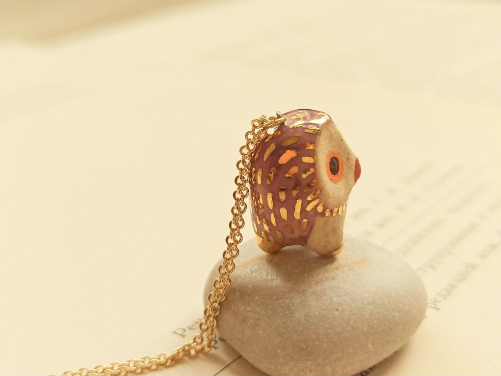 Lilac purple owl ceramic diffuser necklace